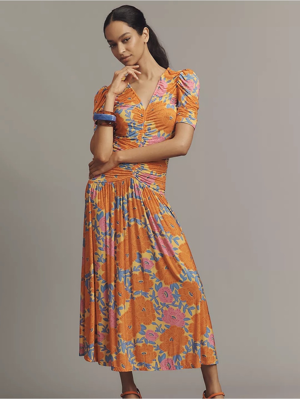 Farm Rio x Anthropologie Short-Sleeve V-Neck Ruched Midi Dress